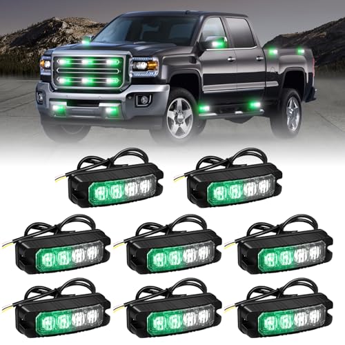 XRIDONSEN 8PCS Sync Grill Emergency Lights 32 LED Green White Firefighter Lights Grille Surface Mount Strobe Flashing Warning Safety Hazard First Responder Light for Vehicles POV Fire Fighter Trucks - color: Green/White