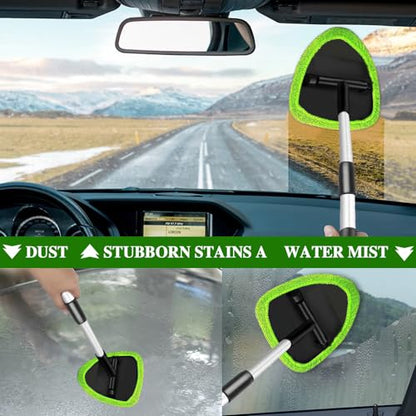 Windshield Cleaning Tool, Car Window Cleaner with 4 Washable Reusable Microfiber Pads, Auto Interior Exterior Extendable Long Handle Glass Wiper Cleaning Kit Universal for Office and Home (Green) - color: Green