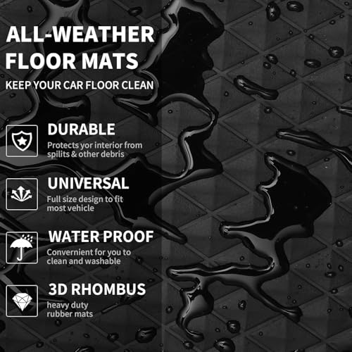 CAR PASS Black Rubber Car Mats, All-Weather Floor Mats Full Set Durable Anti-Slip 3D Rhombus Waterproof Automotive Pad Trim to Fit Liner Universal Fit for Sedan SUV Truck Van, 4 Pcs All Black Rubber - color: Black