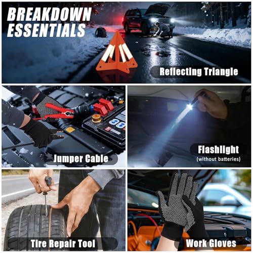 AUTODECO Roadside Emergency Car Kit Winter Road Trip Assistance Vehicle Safety Kit with Air Comperss, Detachable Snow Shovel, Jumper Cables, Tow Strap