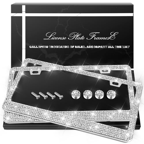 QUANQIUFEI 2 Pack Bling License Plate Frames, Sparkly Rhinestone Diamond Car License Plate Cover for Women, Stainless Steel Car Accessories with Glitter Crystal Caps (Silver) - color: Silver