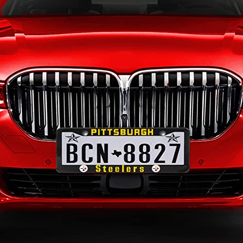 2 Piece License Plate Frames for Steelers Fans, Anti-Dirty and Rustproof Aluminum Alloy License Plate Frames US Standard License Plate Holder with Screw Caps Set (S-Black) - color: S-Black