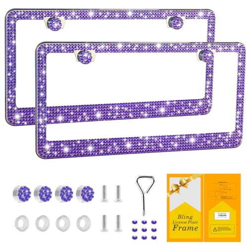 FIISFIIS Bling License Plate Frame for Women,2 Pack Premium Stainless Steel Rhinestone License Plate Holder,Handmade Glitter Crystal Diamond Lincense Plate Cover for Girl,Bedazzled Sparkly Caps-Violet - color: Violet