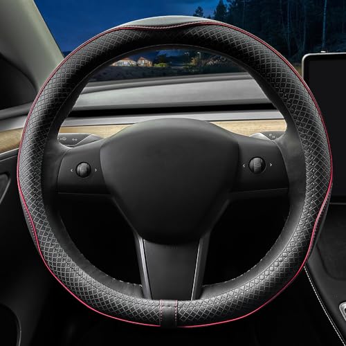 LKWLIKEI Nappa Leather Ultra-Thin Steering Wheel Cover, for Tesla Model 3/Y Steering Wheel Cover, Non-Slip Design and Interior Modification of car Accessories （Black and Red） - color: Black and Red