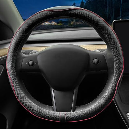LKWLIKEI Nappa Leather Ultra-Thin Steering Wheel Cover, for Tesla Model 3/Y Steering Wheel Cover, Non-Slip Design and Interior Modification of car Accessories （Black and Red） - color: Black and Red