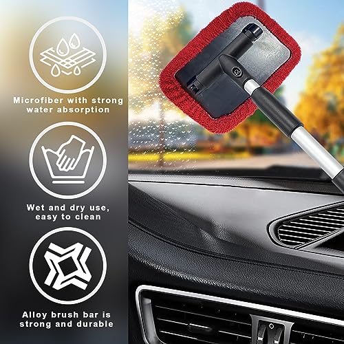 Ziciner Car Windshield Cleaner, Microfiber Auto Cleaning Wiper with Aluminum Extendable Handle and 2 Washable Reusable Cloth Pad Head, Universal Vehicle Interior Exterior Cleaner Kit (Red-Rectangle) - size: Red-rectangle