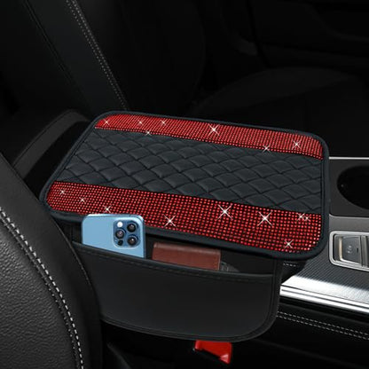 Bling Leather Car Center Console Cover, 12.2"×7.48" Crystal Rhinestone Automotive Arm Rest Cover with Side Pockets, Universal Vehicle Armrest Protector, Interior Car Accessories (Red) - color: Red