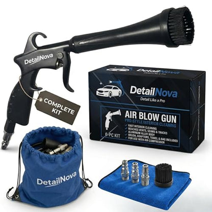 Air Blow Gun for Car Detailing - Durable Tornado Air Gun with Brush Nozzle, Storage Bag, 3 Compressor Adaptors & Microfiber Towel - Requires Compressor, Easy to Set Up