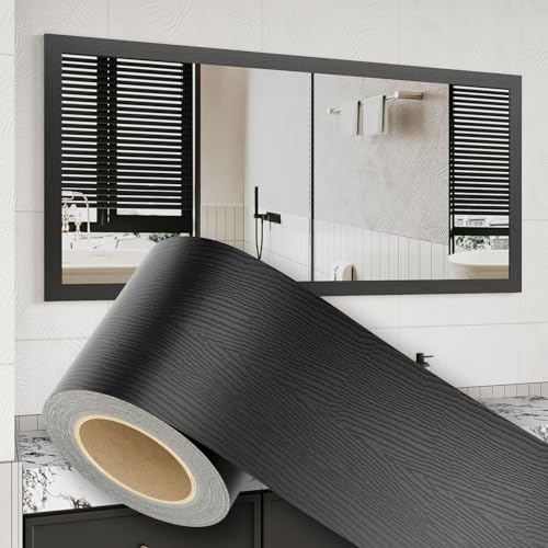 10M Peel and Stick Wallpaper Borders 390” x 2.36” Self Adhesive Mirror Frame Border Wood Grain DIY for Kitchen Bathroom Mirror Removal Border Sticker Wall Decor Cover 6.4 Sq.Ft, Black Wood - color: Black Wood, size: 2.4" x 390"