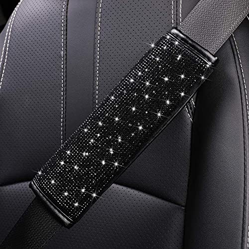 Seat Belt Pads 2-Pack Bling Seat Belt Covers Soft PU Leather Crystal Seat Belt Shoulder Pads Rhinestone Bling Car Accessories For Women (Black) - color: Black