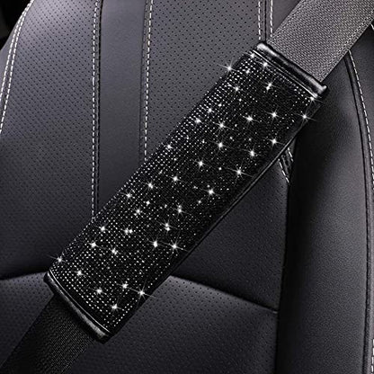 Seat Belt Pads 2-Pack Bling Seat Belt Covers Soft PU Leather Crystal Seat Belt Shoulder Pads Rhinestone Bling Car Accessories For Women (Black) - color: Black
