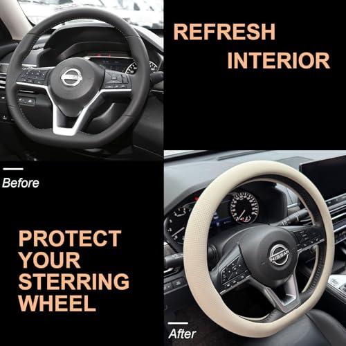 PINCTROT D Shaped Nappa Leather Steering Wheel Cover, Slim Fit No Bulk Design, One Piece Leather with Breathable Perforation, Fit Like Gloves, Flat Bottom 14.5-15 Inch(Nappa Beige) - color: 06.Beige, size: D Shaped/Flat Bottom[14 1/2''-15'']