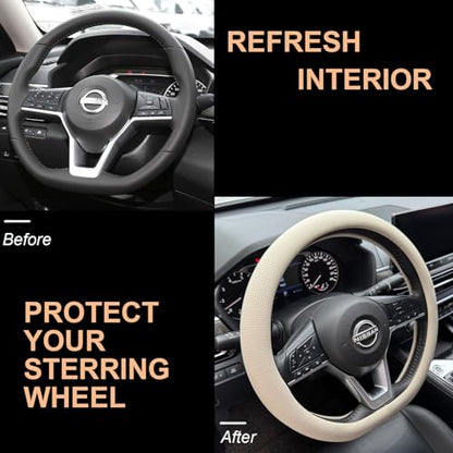 PINCTROT D Shaped Nappa Leather Steering Wheel Cover, Slim Fit No Bulk Design, One Piece Leather with Breathable Perforation, Fit Like Gloves, Flat Bottom 14.5-15 Inch(Nappa Beige) - color: 06.Beige, size: D Shaped/Flat Bottom[14 1/2''-15'']
