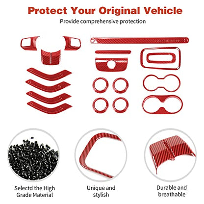CheroCar 18PCS Interior Trim Kit for Jeep Wrangler JK JKU 2011-2018 4 Door,Steering Button Frame, Air Conditioning Vent Trim Cup Holder Cover,Gear Shift Knobs Frame,Red Carbon Fiber… - color: Red Carbon Fiber