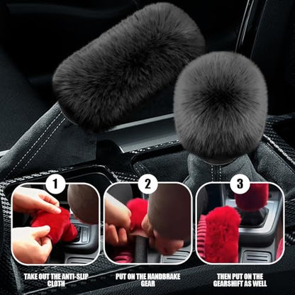2PCS Plush Car Gear Shift Knob Cover & Handbrake Cover, Shift Knob Protector, Soft Fluffy Gear Handbrake Protective Sleeves, Shifter Lever Brake Handle Warm Plush Set for Cars (Black) - color: Black