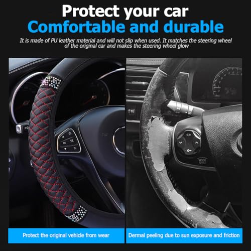 Osilly Bling Car Steering Wheel Cover, 15 Inch Rhinestones Soft Leather Elastic Steering Wheel Protector, Sparkly Crystal Diamond for Women Girls (Black/Red) - color: Black/Red