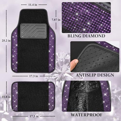 CAR PASS Bling Rhinestones Diamond Car Floor Mat, Crystal Sparkly Shining Glitter Carpet, Waterproof Anti-Slip PVC Heel Pad Universal Fit Interior Set SUV,Sedan,Van,4pcs Girl Women Men Violet Purple - color: Violet Diamond