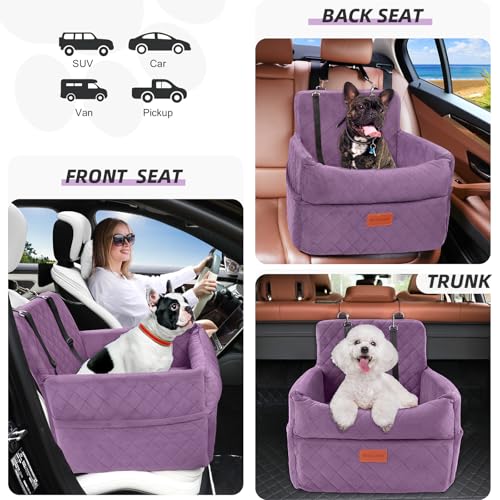 HEGGCOOE Small Dog Car Seat, Memory Foam Dog Booster Seats with Thick Cushion for Medium Dogs Under 35lbs, Detachable Washable Pet Car Seat Bed with Storage Pockets,2 Safety Belts Purple - color: Purple