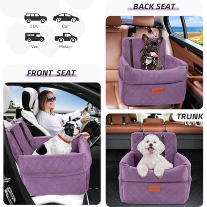 HEGGCOOE Small Dog Car Seat, Memory Foam Dog Booster Seats with Thick Cushion for Medium Dogs Under 35lbs, Detachable Washable Pet Car Seat Bed with Storage Pockets,2 Safety Belts Purple - color: Purple