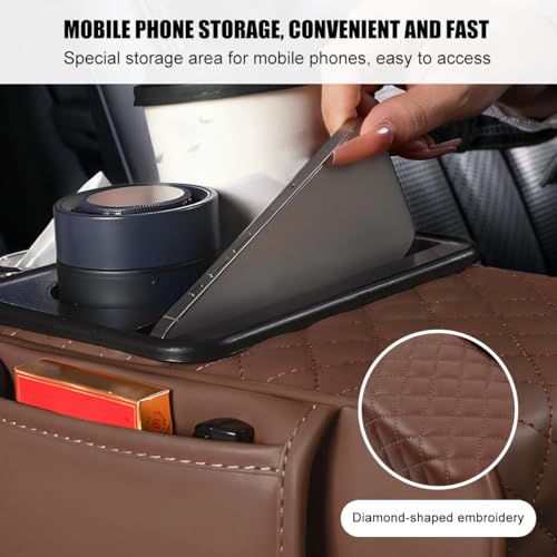 Car Armrest Cushion, 5-in-1 Nappa Leather Vehicle Centre Console Cover with 2 Storage Pockets, Cup Phone & Phone Holder, Multifunctional Auto Organiser Accessories, Universal Fit (Coffee) - color: Coffee