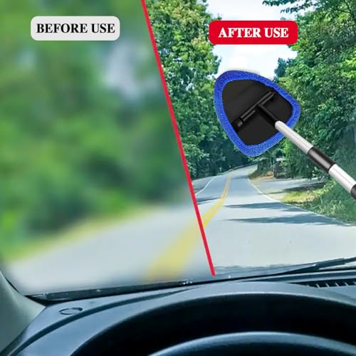 Windshield Cleaning Tool, Car Window Cleaner with 4 Washable Reusable Microfiber Pads, Auto Interior Exterior Extendable Long Handle Glass Wiper Cleaning Kit Universal for Office and Home (Blue) - color: Blue