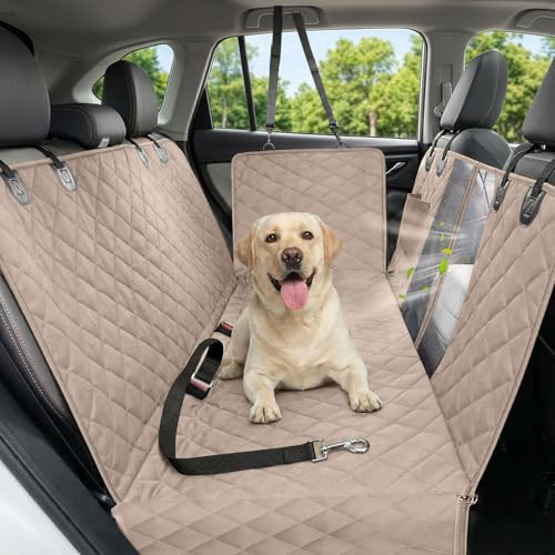 Dog Car Seat Cover, 600D Heavy Durable Dog Seat Cover for Back Seat, 100% Waterproof Scratch Proof Nonslip Dog Hammock for Car with Side Flap, Pet Back Seat Covers for Cars with Seatbelt Khaki - color: Khaki, size: Standard (53.9*57.9 )