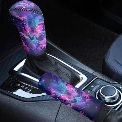 KEIAHUAN 2 Pack Purple Butterfly Car Gear Shift Knob Cover & Handbrake Cover Breathable Anti-Slip Comfy Gear Shift Covers Universal for Most Cars,Sedans,SUVs - color: Butterfly-purple
