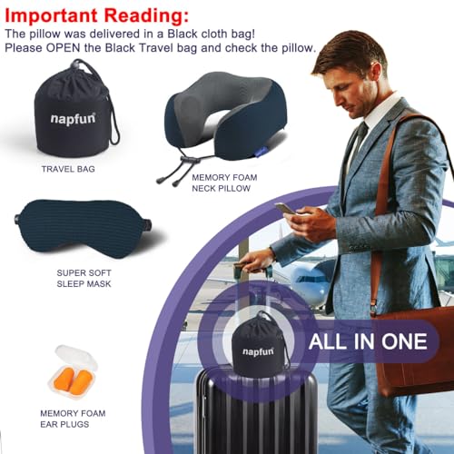 napfun Neck Pillow for Travel with Travel Pouch, Sleep Mask & Earplugs, Memory Foam Airplane Pillow for Headrest Sleep with Eyeshades, Plane Essentials with Eye Blindfold, Black Striped Kit - color: Black Striped Kit