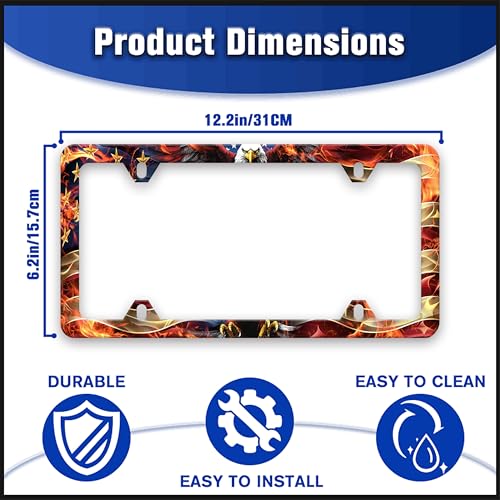 American Flag Eagle License Plate Frame Flame USA Flag License Plate Holders Funny Auto Accessory Bracket Stainless Steel License Plate Frames with Screws for Women Men 6x12 Inch 4 Holes - color: American Flag Eagle