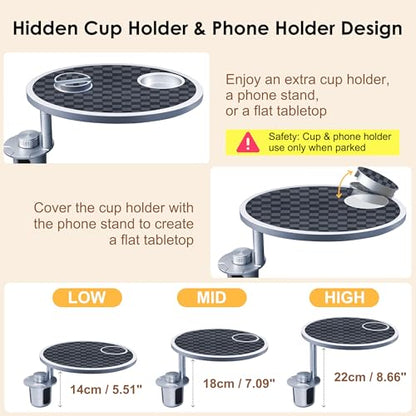 Car Food Tray & Car Table Tray with Car-Grade Aluminum Cup Holder & Phone Stand, Premium Wood with Leather Surface, 360° Rotating Car Desk for Laptop &Eating (Round, Black&Grey) - color: 𝗥𝗼𝘂𝗻𝗱 · Grey&Black