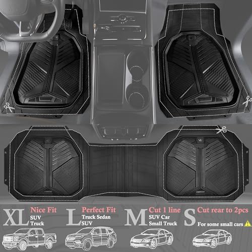 CAR PASS Heavy Duty Rubber Car Mats, Deep-Dish Odorless Car Floor Mats All Weather, Universal Trim-to-Fit for SUVs Trucks Sedans, Waterproof Anti-Slip, 3 Pieces V12 Black - color: All Black