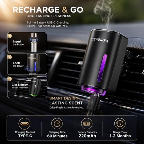 Car Air Freshener - Smart Adjustable 3-Speed Intensity, Rechargeable Humidifier Car Essential Oil Diffuser - Comes with 8 Bottles of 10ml Perfume (Black) - color: Black