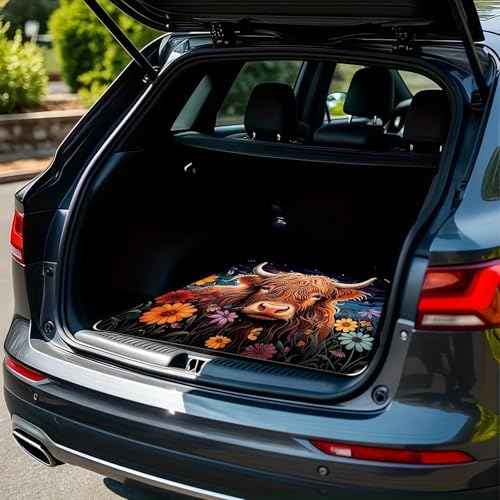 Universal Car Trunk Mat 29" x 39", Cows and Flowers All Weather Trunk Protection Cargo Liner, Durable Cargo Mat Rear Trunk Liner, Stylish Vehicle Interior Accessories Suitable for Most Car Models - color: Cows and Flowers