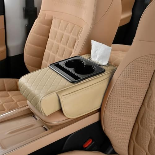 Car Armrest Storage Box,Car Accessories Console Organizers and Storage,Universal Waterproof Leather Console Cover with Cup Holder and Phone Holder,Suitable for Most Cars (Embroidered, Beige) - color: Beige, style: Embroidered