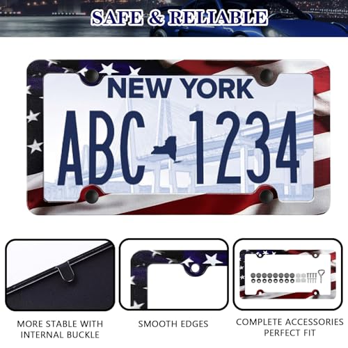 LIN KANG American Flag License Plate Frame Holder - 2 Pack Patriotic Universal Aluminum Matte Stripe US Flag Gloss Car Plate Frame Covers with 4 Holes and Screws Fasteners Caps - color: Matte American flag 4 Holes A