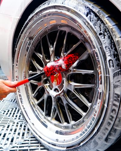 Wheel Brushes for Cleaning Wheels (4 Pro Pack)- 2X Soft Wheel Cleaning Wool Brush, Detailing Brush and Stiff Tire Brush, Scratch Free Durable Car Wheel Rim Brush Kit for Car Rim and Tire Detailing - color: Red & Black