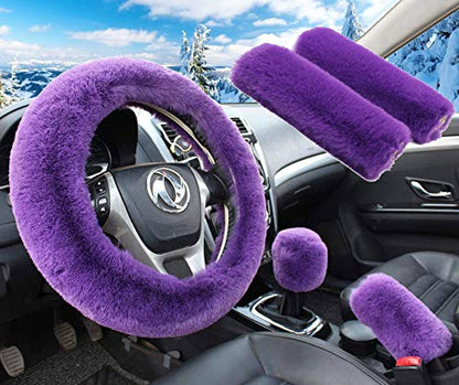 Pinbola 5pcs in 1 Set Faux Wool Steering Wheel Cover Soft Fluffy Handbrake Cover & Gear Shift Cover & 2pcs Seat Belt Shoulder Pads Warm Universal Fit for 15 Inch (Purple) - color: Purple