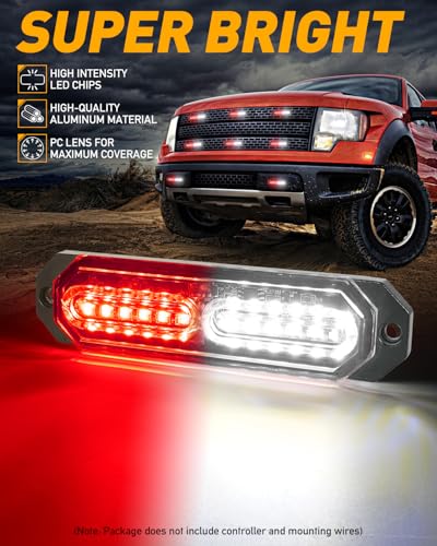 HLauto 1200T Emergency Strobe Grille Lights: 8pcs 12 LED Sync Feature Safety Warning Flashing Lights, Ultra Slim Surface Mount Hazard Caution Lights for Trucks, Vehicles, Car, ATV, UTV (Red White) - color: Red/White
