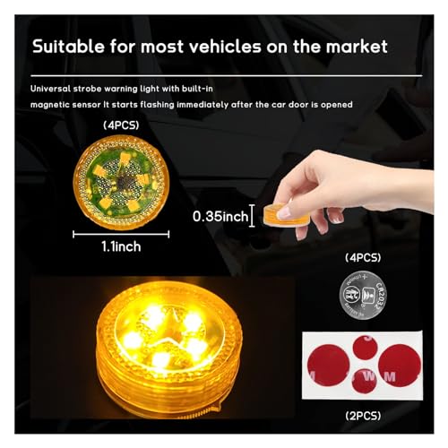 Dickno 4 PCS Wireless Car Door LED Warning Lights, 5 LED Roadside Auto Flashing Safety Signal for Anti Rear End Collision, Universal Strobe Light for Car SUV Truck (Yellow) - color: Yellow