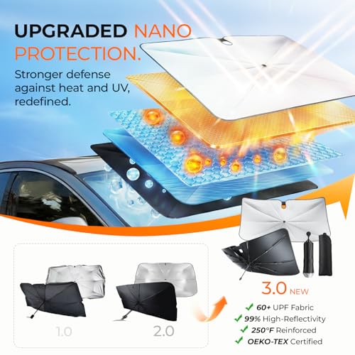 [2026 Upgraded] DooGooCoo Windshield Sun Shade Umbrella for Tesla Model 3 & Model Y [100% Sunlight Blocked, Cooling Ice Crystal] Sunshade for Car Windshield for Model 3 & Model Y Sunshade 2017-2026. - size: For Tesla Model Y & Model 3 2017-2026