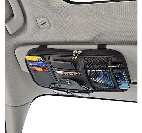 Da by Car Sun Visor Organizer, Multi-Pocket Visor Organizer Storage Pouch for Cars, SUVs & Trucks with Double Zippers, Elastic Bands & Glasses Clip - Organizes Essentials Keep Tidy (Black) - color: Black