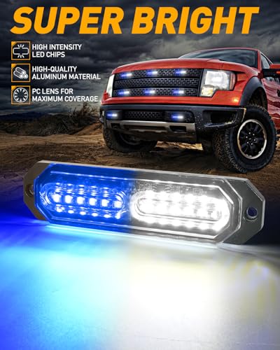 HLauto 1200T Emergency Strobe Grille Lights: 8pcs 12 LED Sync Feature Safety Warning Flashing Lights, Ultra Slim Surface Mount Hazard Caution Lights for Trucks, Vehicles, Car, ATV, UTV (Blue White) - color: Blue/White