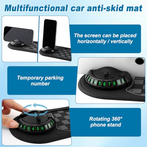 Multifunction Car Anti-Slip Mat, Car Dashboard Mobile Phone Holder, Anti Slip Mat Phone Holder and Temporary Parking Number Pad - Secure Storage for Sunglasses, Keys, Gadgets - color: Black+Silver