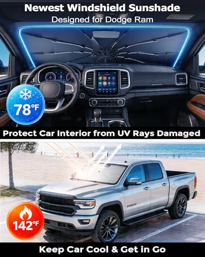 DMJN Umbrella Windshield Sun Shade for Dodge Ram (2019-2026), Car Sunshade for Front Windshield [Nano Ice-Crystal Coatings] UPF50+ Heat & UV Block, Protect Interior & Keep Cooler - size: For | Dodge Ram (2019-2026)