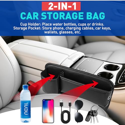 Car Seat Gap Filler Organizer, Universal PU Leather Car Seat Organizer with Cup Holder, Seat Gap Filler Storage Bag for Glasses, Phones, Keys, Cards and Small Items