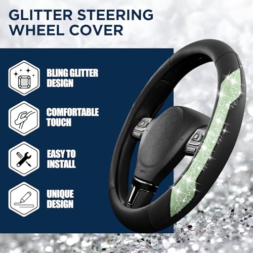 PIC AUTO Steering Wheel Cover, Green Sparkly Crystal Bling Glitter with Leather, Universal Fit 14.5"-15.5" Car Steering Wheels for Girls & Women, Anti-Slip Wheels Cover for Cars, Trucks, Van, SUVs - color: Green Glitter