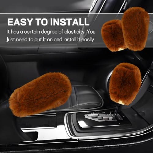 Hovom 2PCS Fluffy Car Gear Shift Knob Cover & Handbrake Cover, Soft Plush Hand Brake Handle & Gear Shift Cover for Women Girls, Universal Comfortable Warm Furry Car Accessories (Brown) - color: Brown