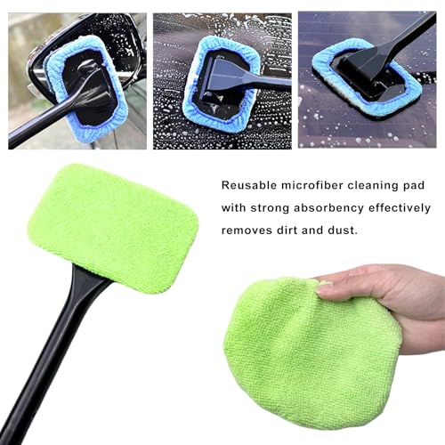 Car Windshield Cleaning Tool, Microfiber Windscreen Cleaner with 4 Washable Cloth Pads & Spray Bottle, Reusable Window Cleaning Kit with Detachable Handle for Auto Glass Wiper