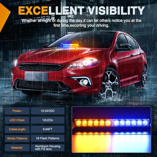 Nilight 12LED Traffic Advisor Strobe Light Bar Amber Blue Emergency Warning Hazard Safety Dash Front/Rear Windshield Flashing Lights for Cars Trucks Police Firefighter Plow Construction Vehicles - color: Amber Blue