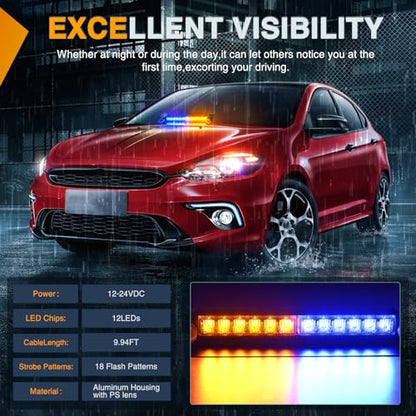 Nilight 12LED Traffic Advisor Strobe Light Bar Amber Blue Emergency Warning Hazard Safety Dash Front/Rear Windshield Flashing Lights for Cars Trucks Police Firefighter Plow Construction Vehicles - color: Amber Blue